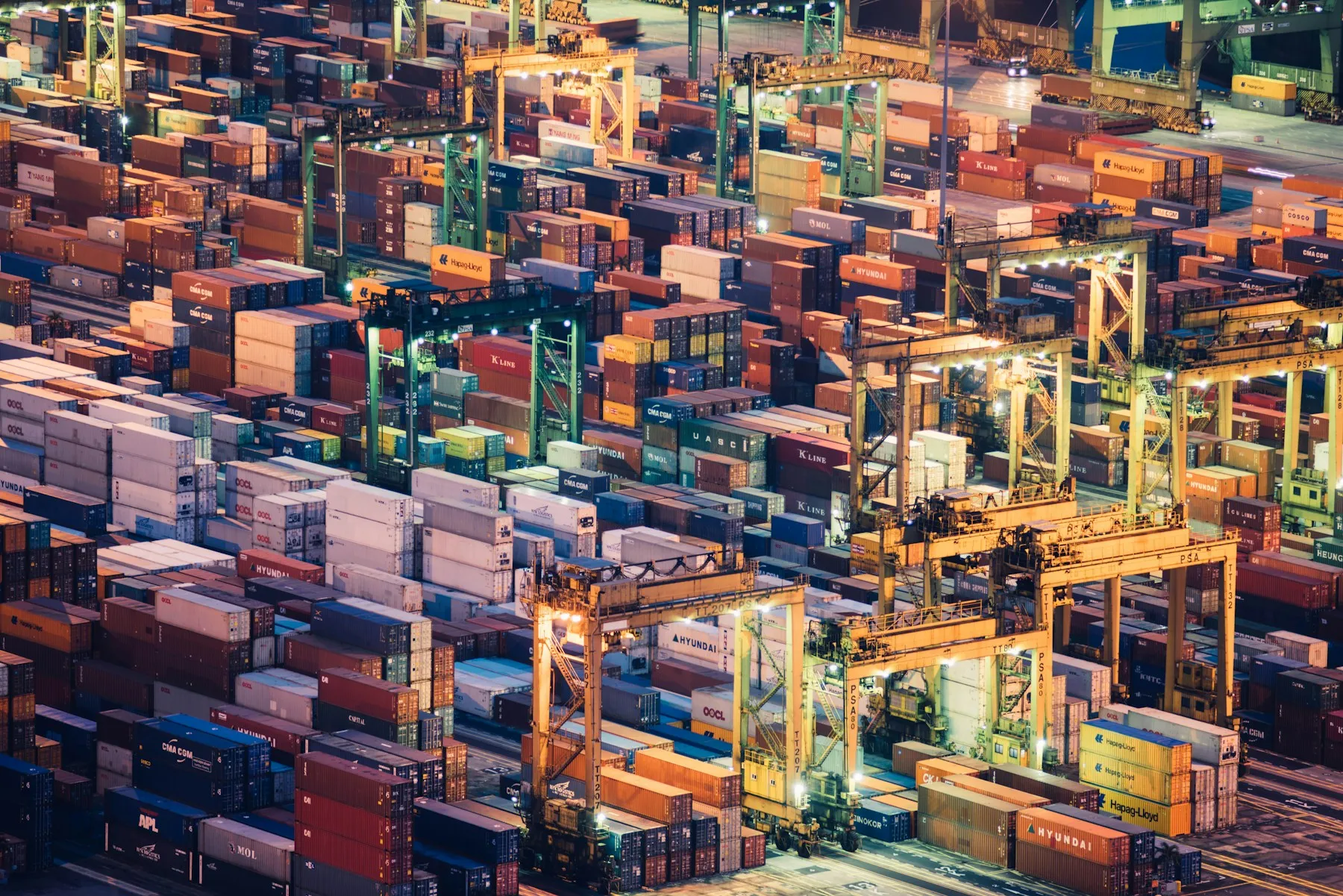 Aerial view of container stacks and a port terminal